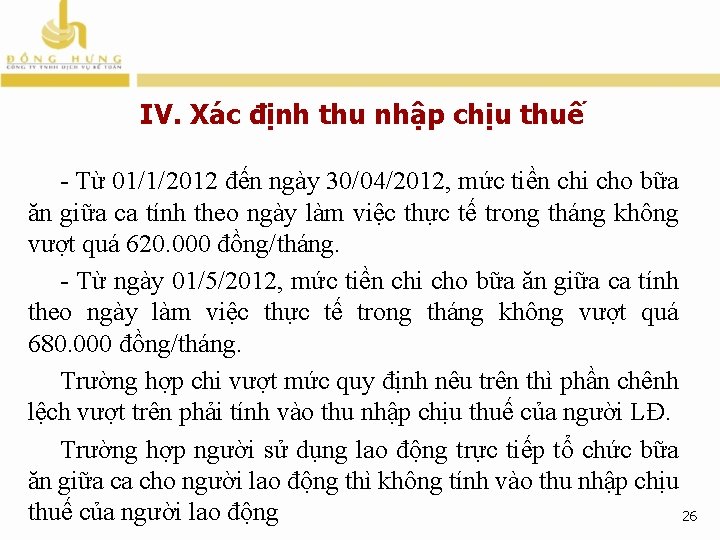 IV. Xác định thu nhập chịu thuế - Từ 01/1/2012 đến ngày 30/04/2012, mức