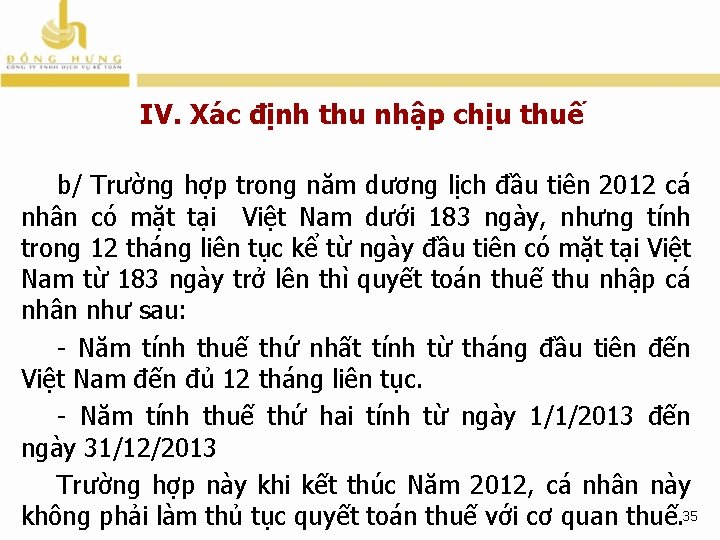 IV. Xác định thu nhập chịu thuế b/ Trường hợp trong năm dương lịch