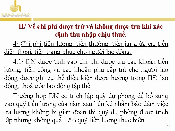 II/ Về chi phí được trừ và không được trừ khi xác định thu II/ Về chi phí được trừ và không được trừ khi xác định thu