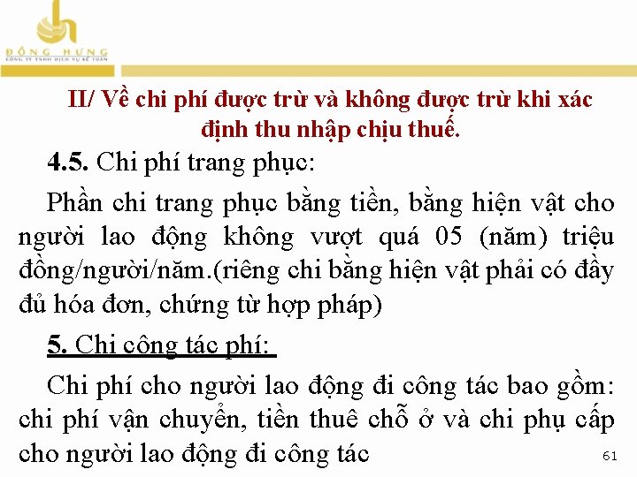 II/ Về chi phí được trừ và không được trừ khi xác định thu