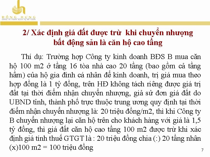 2/ Xác định giá đất được trừ khi chuyển nhượng bất động sản là