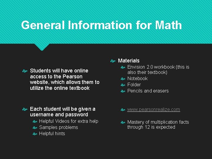 General Information for Math Materials Students will have online access to the Pearson website,