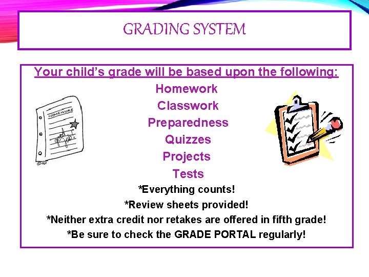 GRADING SYSTEM Your child’s grade will be based upon the following: Homework Classwork Preparedness