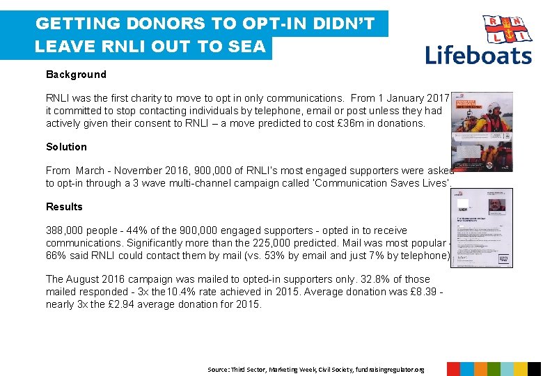 GETTING DONORS TO OPT-IN DIDN’T LEAVE RNLI OUT TO SEA Background RNLI was the
