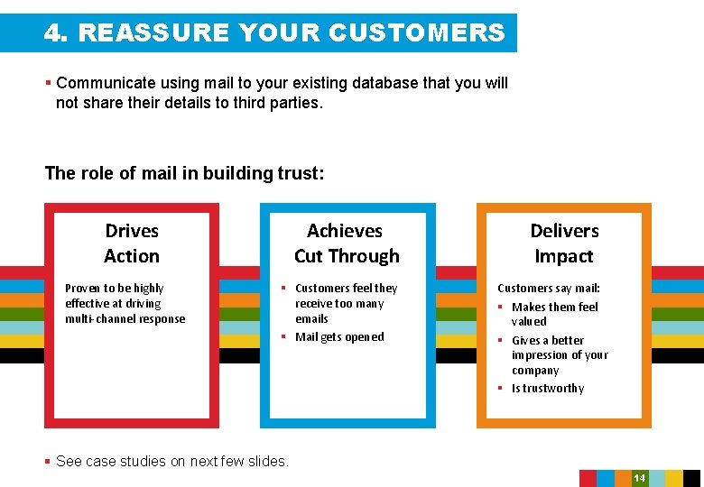 4. REASSURE YOUR CUSTOMERS § Communicate using mail to your existing database that you