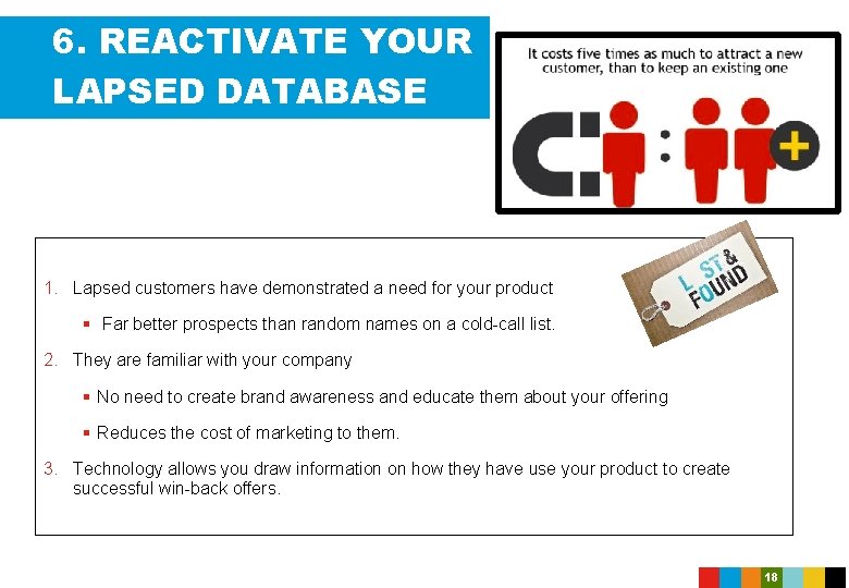 6. REACTIVATE YOUR LAPSED DATABASE 1. Lapsed customers have demonstrated a need for your