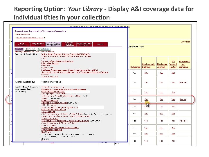 Reporting Option: Your Library - Display A&I coverage data for individual titles in your