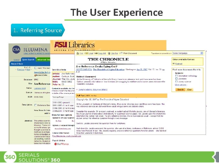 The User Experience 1. Referring Source 2. 360 Link Results Page 3. Full-Text/Article 