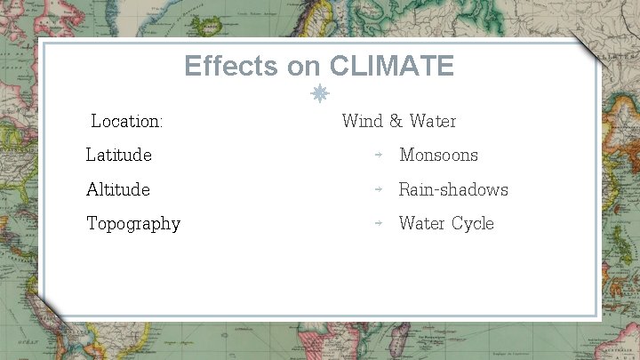 Effects on CLIMATE Location: Latitude Altitude Topography Wind & Water ￫ Monsoons ￫ Rain-shadows