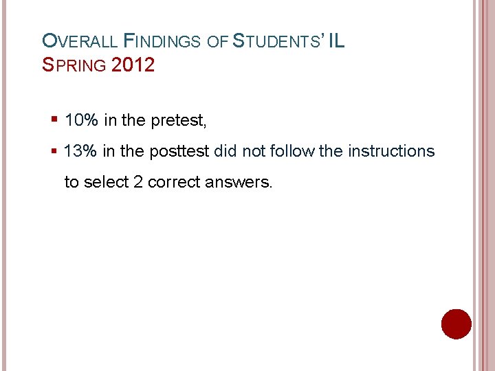 OVERALL FINDINGS OF STUDENTS’ IL SPRING 2012 § 10% in the pretest, § 13%