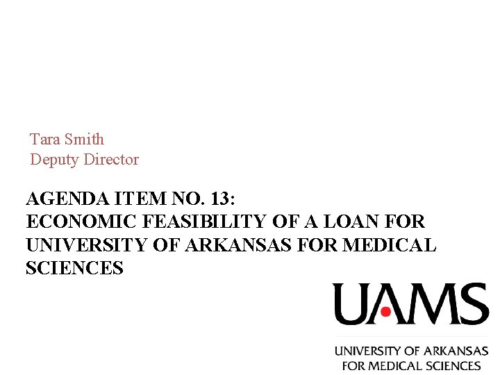 Tara Smith Deputy Director AGENDA ITEM NO. 13: ECONOMIC FEASIBILITY OF A LOAN FOR Tara Smith Deputy Director AGENDA ITEM NO. 13: ECONOMIC FEASIBILITY OF A LOAN FOR