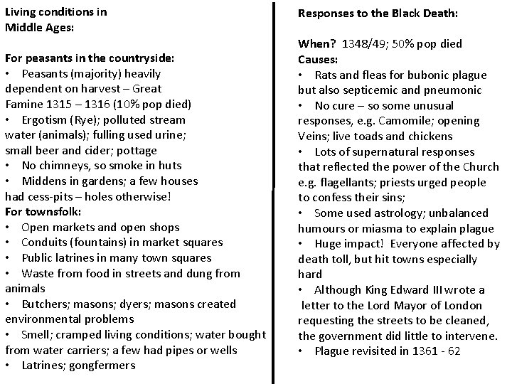 Living conditions in Middle Ages: For peasants in the countryside: • Peasants (majority) heavily
