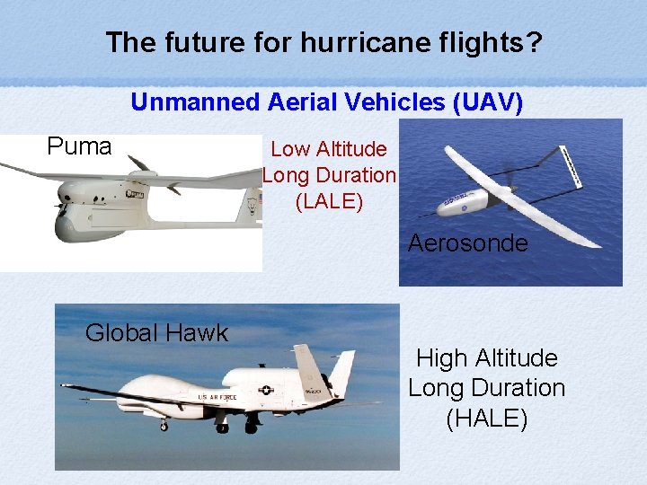 The future for hurricane flights? Unmanned Aerial Vehicles (UAV) Puma Low Altitude Long Duration