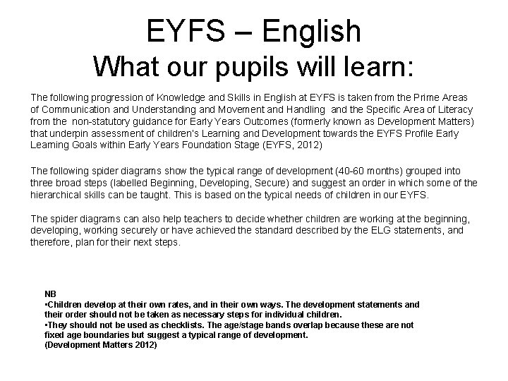 EYFS – English What our pupils will learn: The following progression of Knowledge and