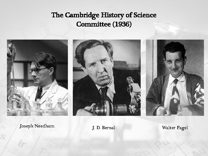 The Cambridge History of Science Committee (1936) Joseph Needham J. D. Bernal Walter Pagel