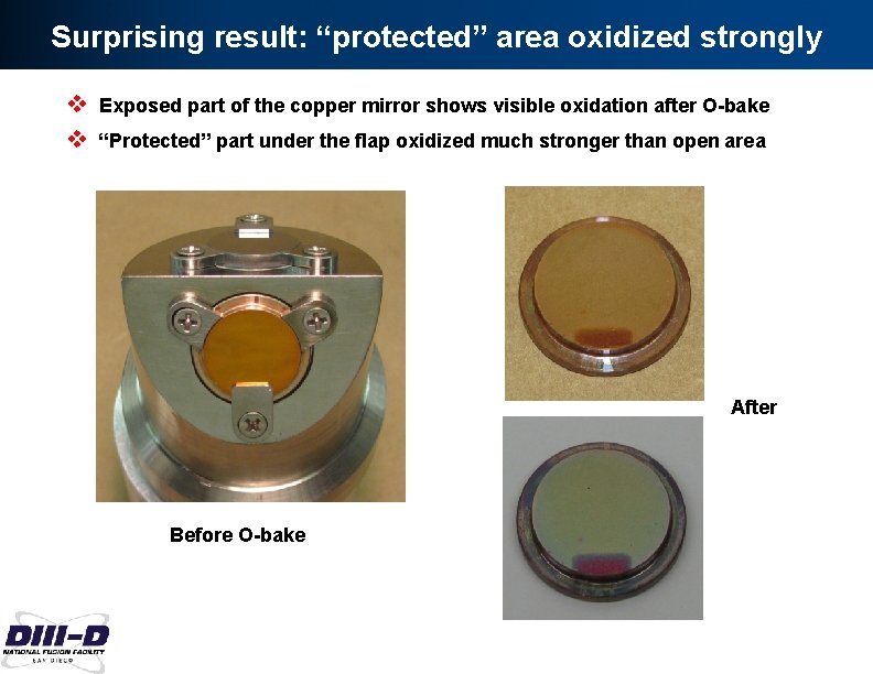 Surprising result: “protected” area oxidized strongly v Exposed part of the copper mirror shows