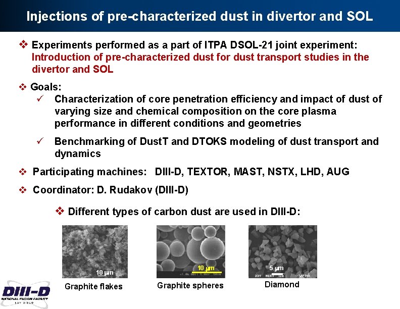 Injections of pre-characterized dust in divertor and SOL v Experiments performed as a part