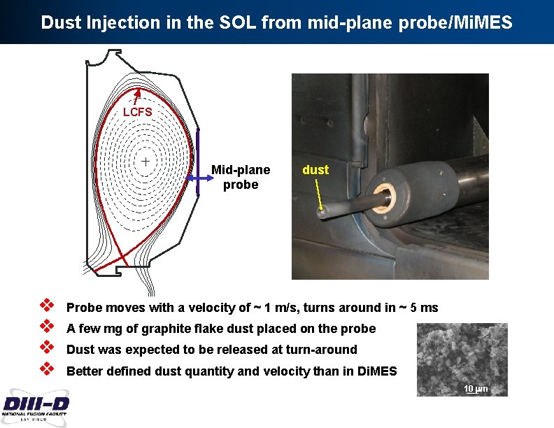 Dust Injection in the SOL from mid-plane probe/Mi. MES LCFS Mid-plane probe v v