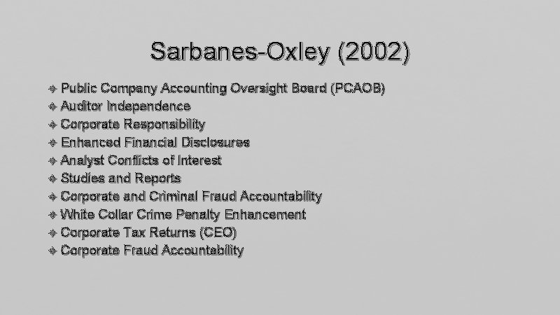 Sarbanes-Oxley (2002) Public Company Accounting Oversight Board (PCAOB) Auditor Independence Corporate Responsibility Enhanced Financial