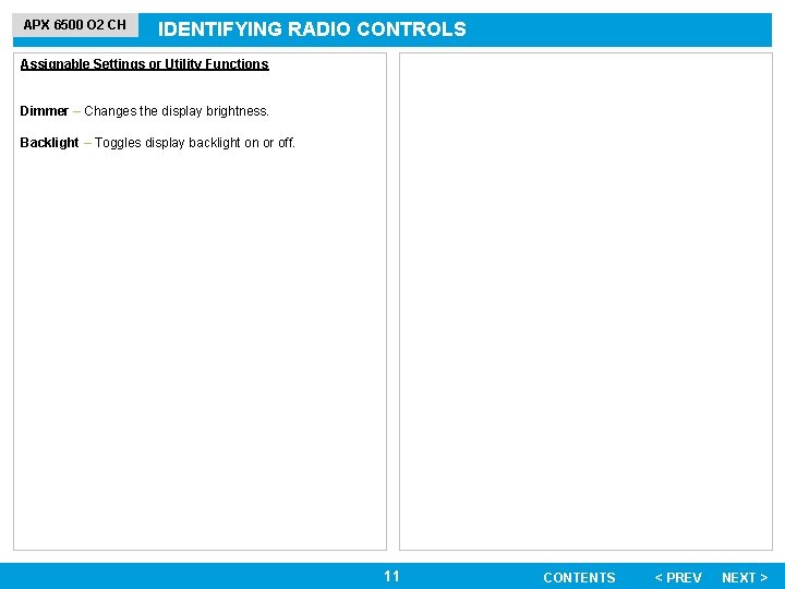 APX 6500 O 2 CH IDENTIFYING RADIO CONTROLS Assignable Settings or Utility Functions Dimmer