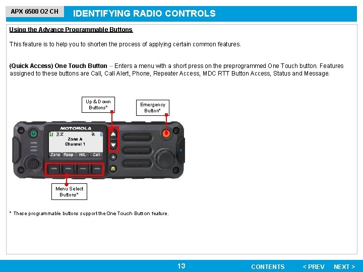 APX 6500 O 2 CH IDENTIFYING RADIO CONTROLS Using the Advance Programmable Buttons This