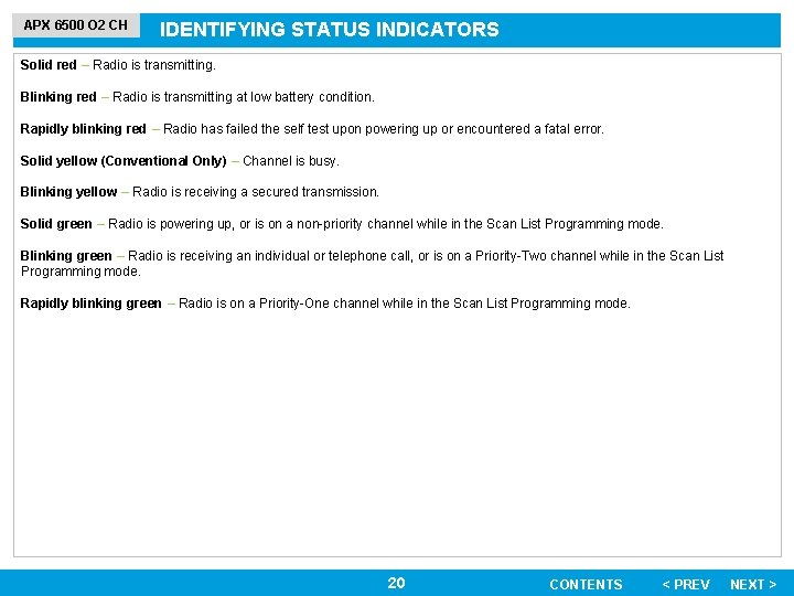 APX 6500 O 2 CH IDENTIFYING STATUS INDICATORS Solid red – Radio is transmitting.