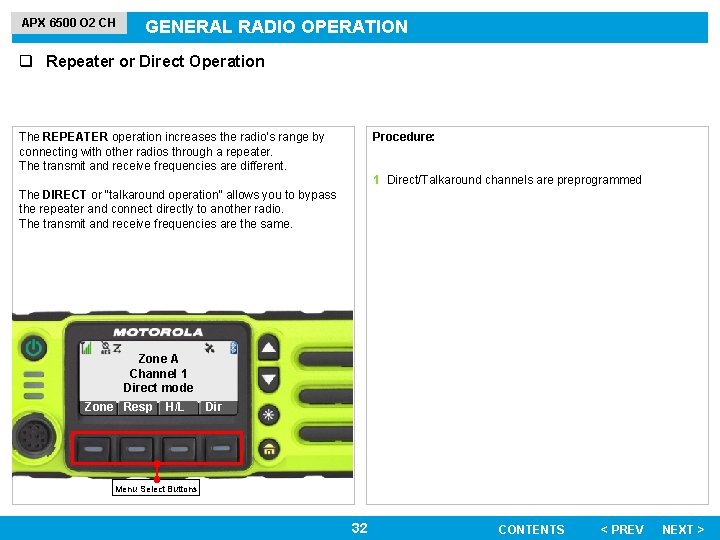 APX 6500 O 2 CH GENERAL RADIO OPERATION q Repeater or Direct Operation The