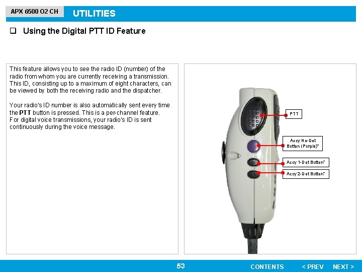 APX 6500 O 2 CH UTILITIES q Using the Digital PTT ID Feature This