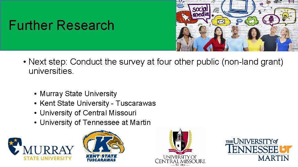 Further Research • Next step: Conduct the survey at four other public (non-land grant)