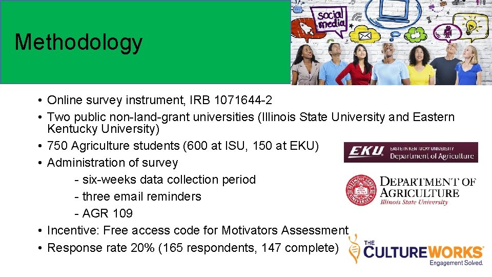 Methodology • Online survey instrument, IRB 1071644 -2 • Two public non-land-grant universities (Illinois