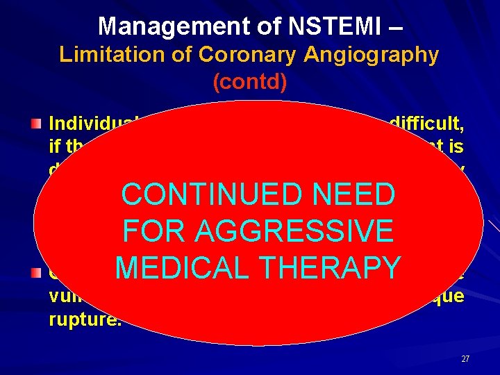 Management of NSTEMI – Limitation of Coronary Angiography (contd) Individual lesion assessment may be