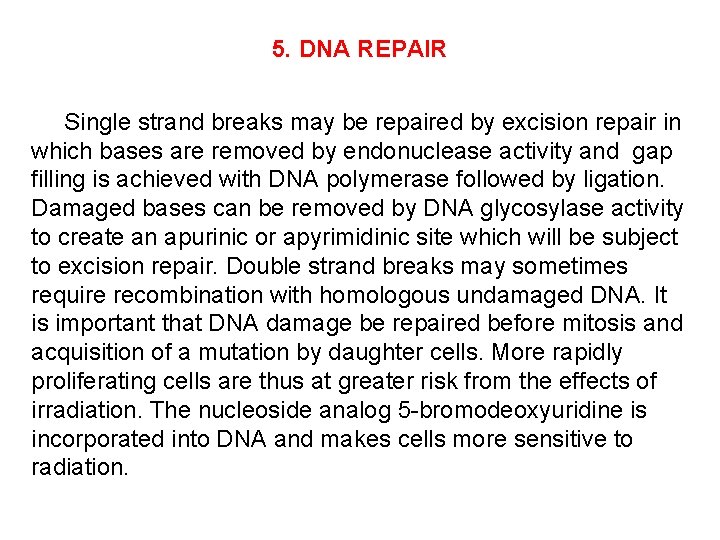 5. DNA REPAIR Single strand breaks may be repaired by excision repair in which