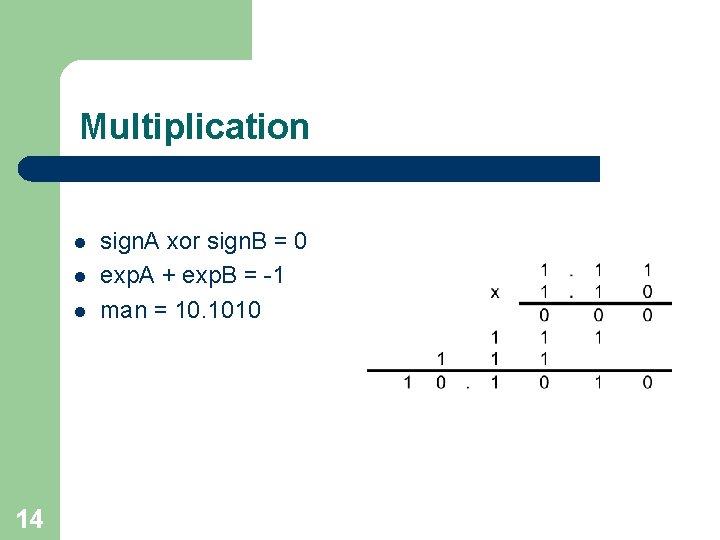 Multiplication l l l 14 sign. A xor sign. B = 0 exp. A Multiplication l l l 14 sign. A xor sign. B = 0 exp. A