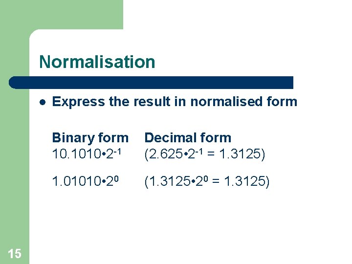 Normalisation l 15 Express the result in normalised form Binary form 10. 1010 •