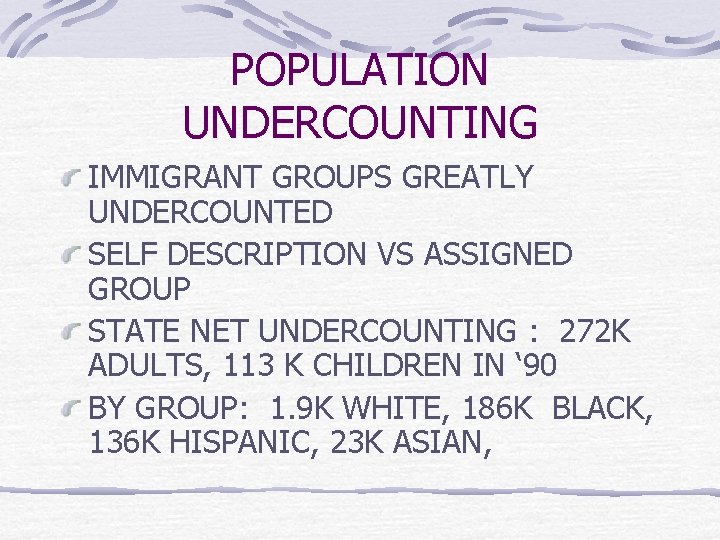POPULATION UNDERCOUNTING IMMIGRANT GROUPS GREATLY UNDERCOUNTED SELF DESCRIPTION VS ASSIGNED GROUP STATE NET UNDERCOUNTING