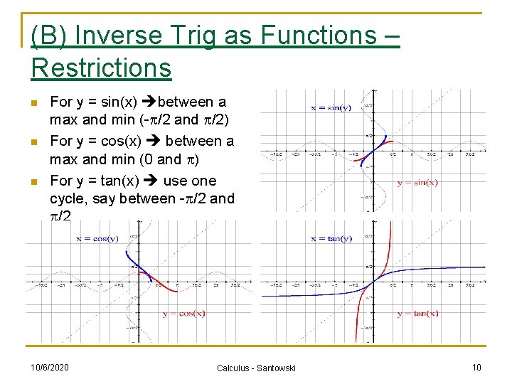 (B) Inverse Trig as Functions – Restrictions n n n For y = sin(x)