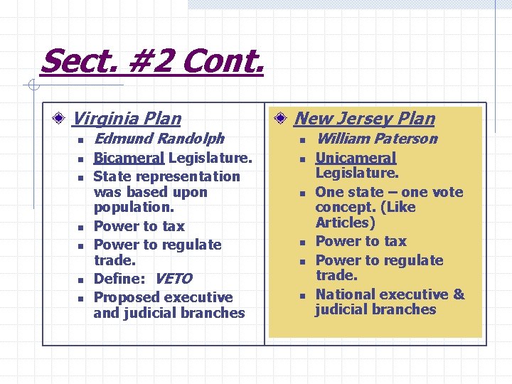 Sect. #2 Cont. Virginia Plan n n n Edmund Randolph Bicameral Legislature. State representation