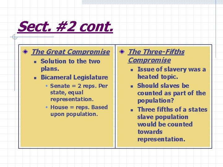 Sect. #2 cont. The Great Compromise n n Solution to the two plans. Bicameral