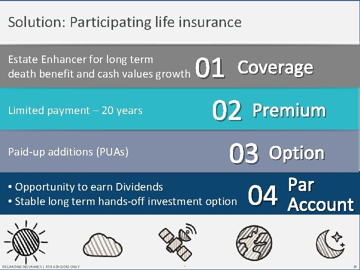 Solution: Participating life insurance Estate Enhancer for long term death benefit and cash values
