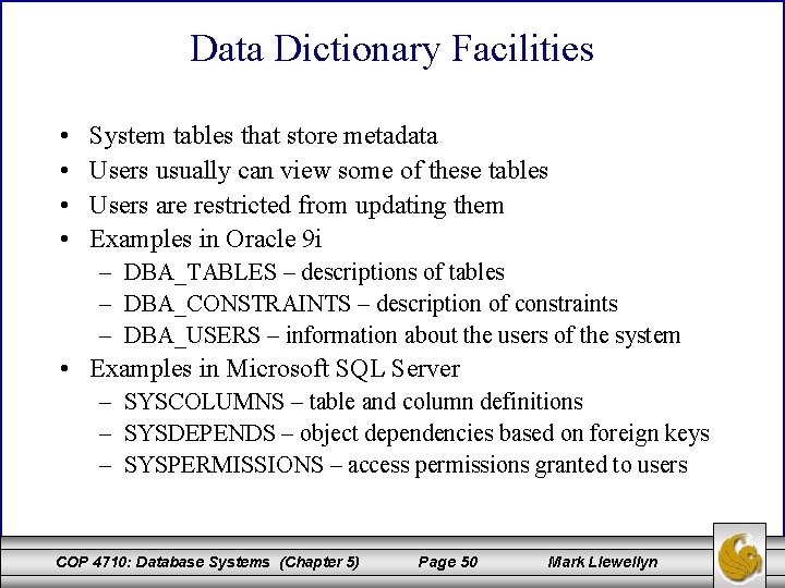 Data Dictionary Facilities • • System tables that store metadata Users usually can view