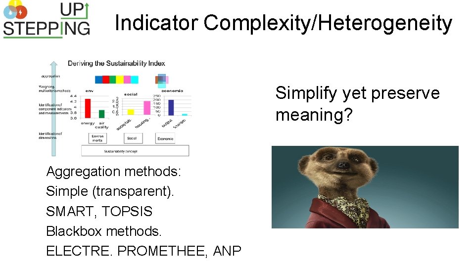 Indicator Complexity/Heterogeneity Simplify yet preserve meaning? Aggregation methods: Simple (transparent). SMART, TOPSIS Blackbox methods.