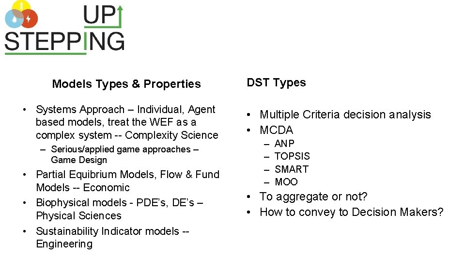 Models Types & Properties • Systems Approach – Individual, Agent based models, treat the