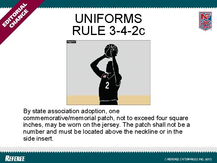 UNIFORMS RULE 3 -4 -2 c By state association adoption, one commemorative/memorial patch, not