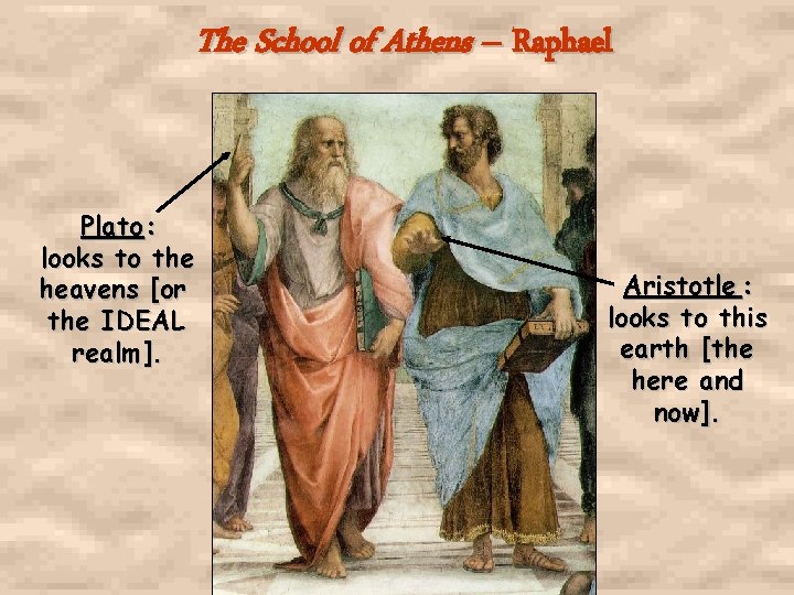 The School of Athens – Raphael Plato : looks to the heavens [or the