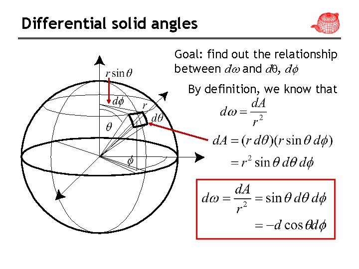 Differential solid angles Goal: find out the relationship between d and dθ, d By Differential solid angles Goal: find out the relationship between d and dθ, d By