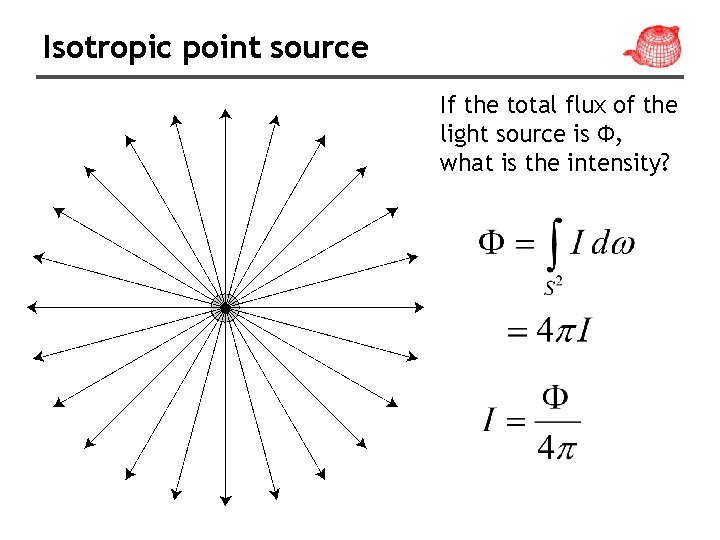 Isotropic point source If the total flux of the light source is Φ, what Isotropic point source If the total flux of the light source is Φ, what