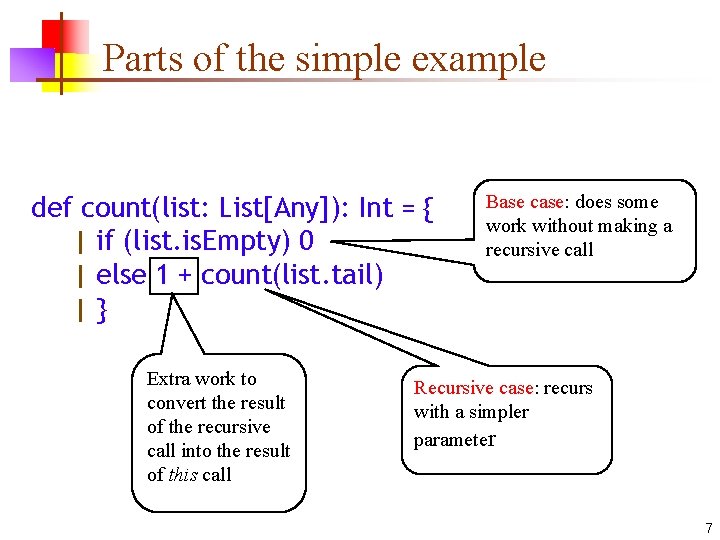 Parts of the simple example def count(list: List[Any]): Int = { | if (list.