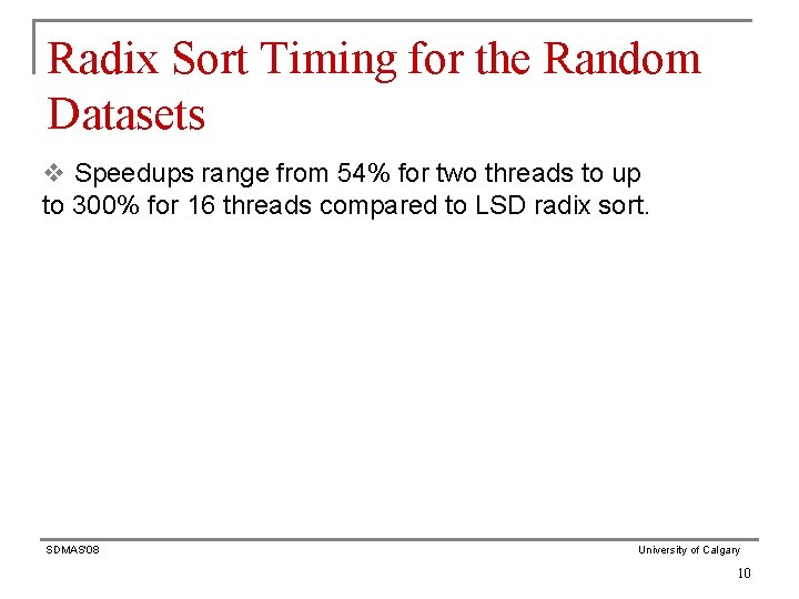 Radix Sort Timing for the Random Datasets v Speedups range from 54% for two