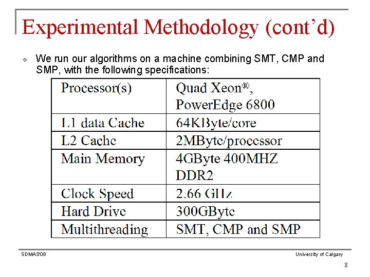 Experimental Methodology (cont’d) v We run our algorithms on a machine combining SMT, CMP