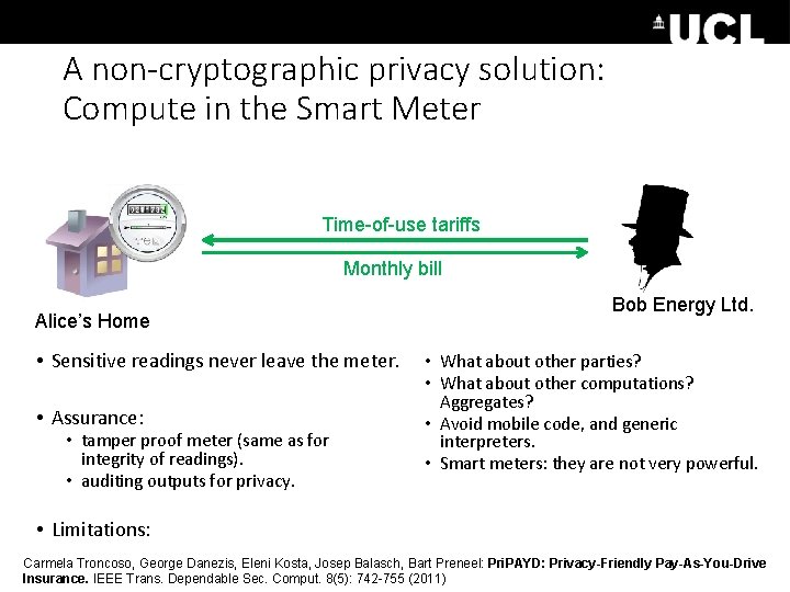 A non-cryptographic privacy solution: Compute in the Smart Meter Time-of-use tariffs Monthly bill Alice’s